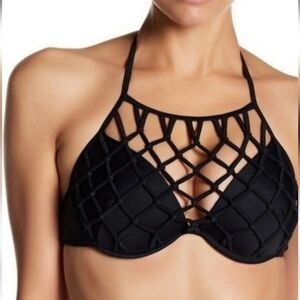 Shade & Shore Black High-Neck Cage Bikini Top with Underwire